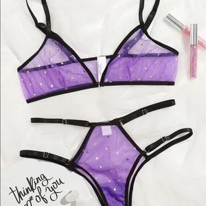NWT Women's Star Print Purple Cut-Out Mesh Lingerie Set Bra Panty Medium